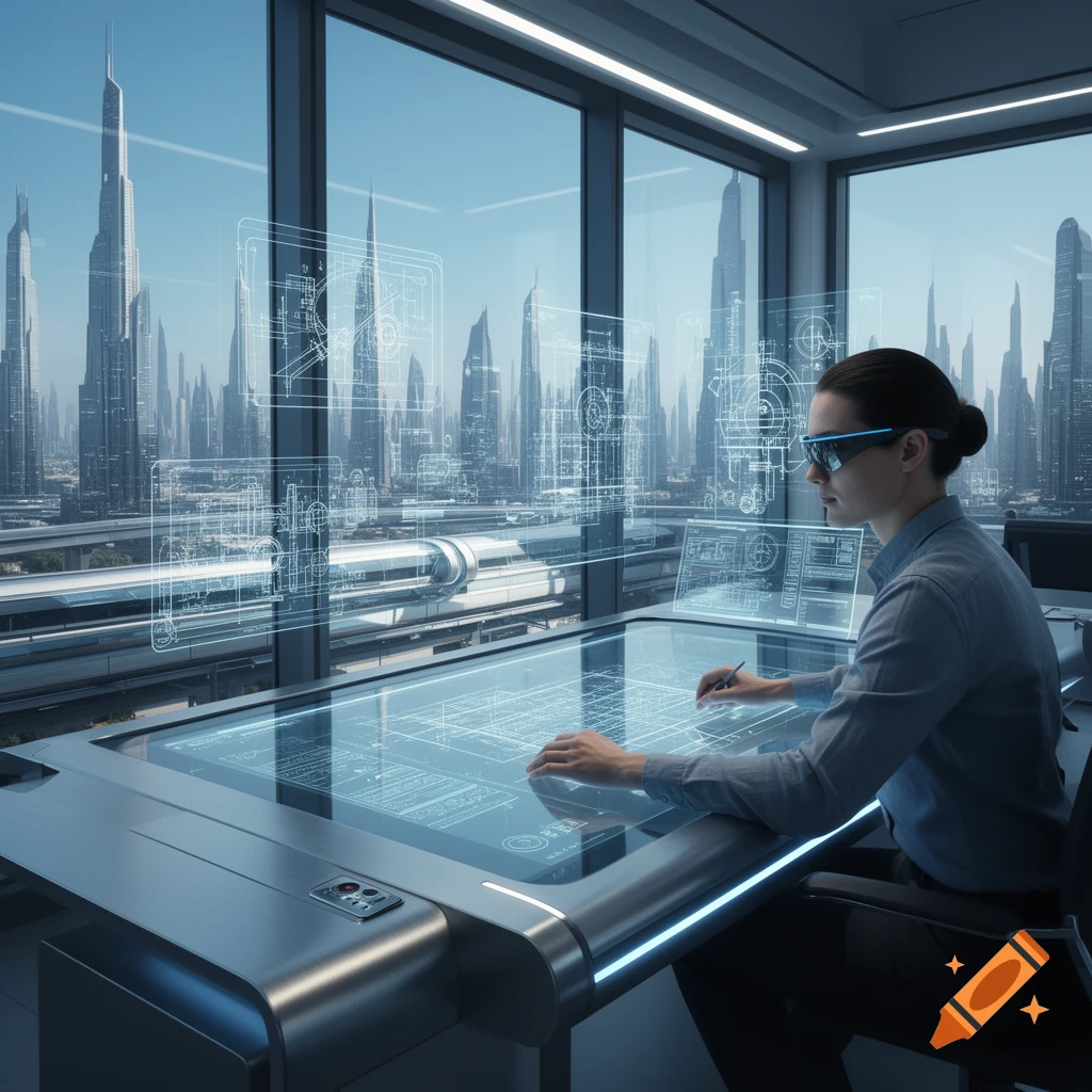 A person with AR glasses works at a futuristic desk with holographic technical drawings, overlooking a towering cityscape.