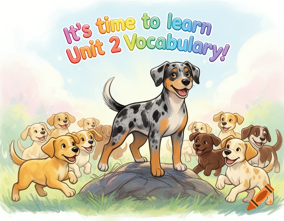 A colorful cartoon of a spotted puppy on a rock, surrounded by happy puppies, under text "It's time to learn Unit 2 Vocabulary!"