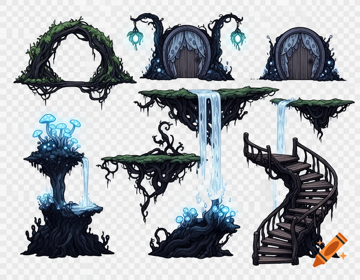 A collection of 2D fantasy game assets in Hollow Knight style, including root archways, round doors, glowing mushrooms, waterfalls, and spiral staircases.