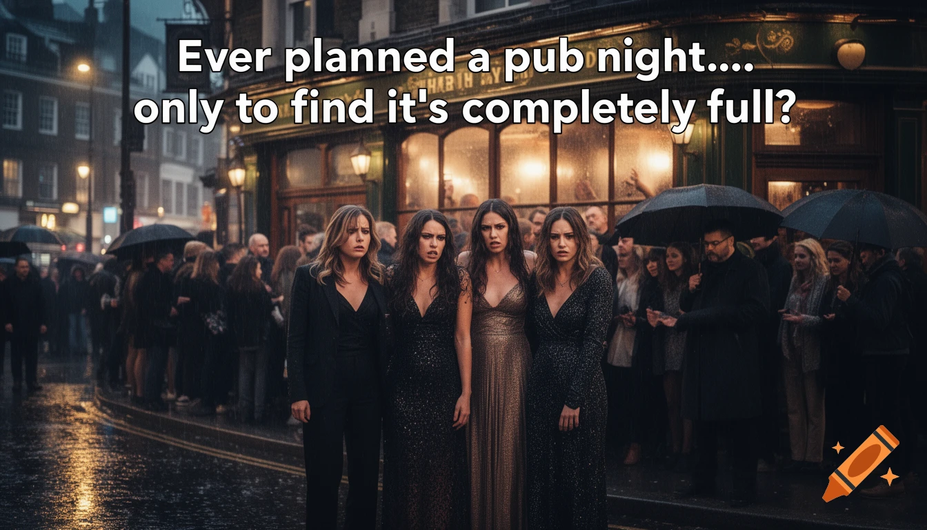 Four disappointed women stand outside a packed London pub in the rain at night, with a text overlay about a full pub.