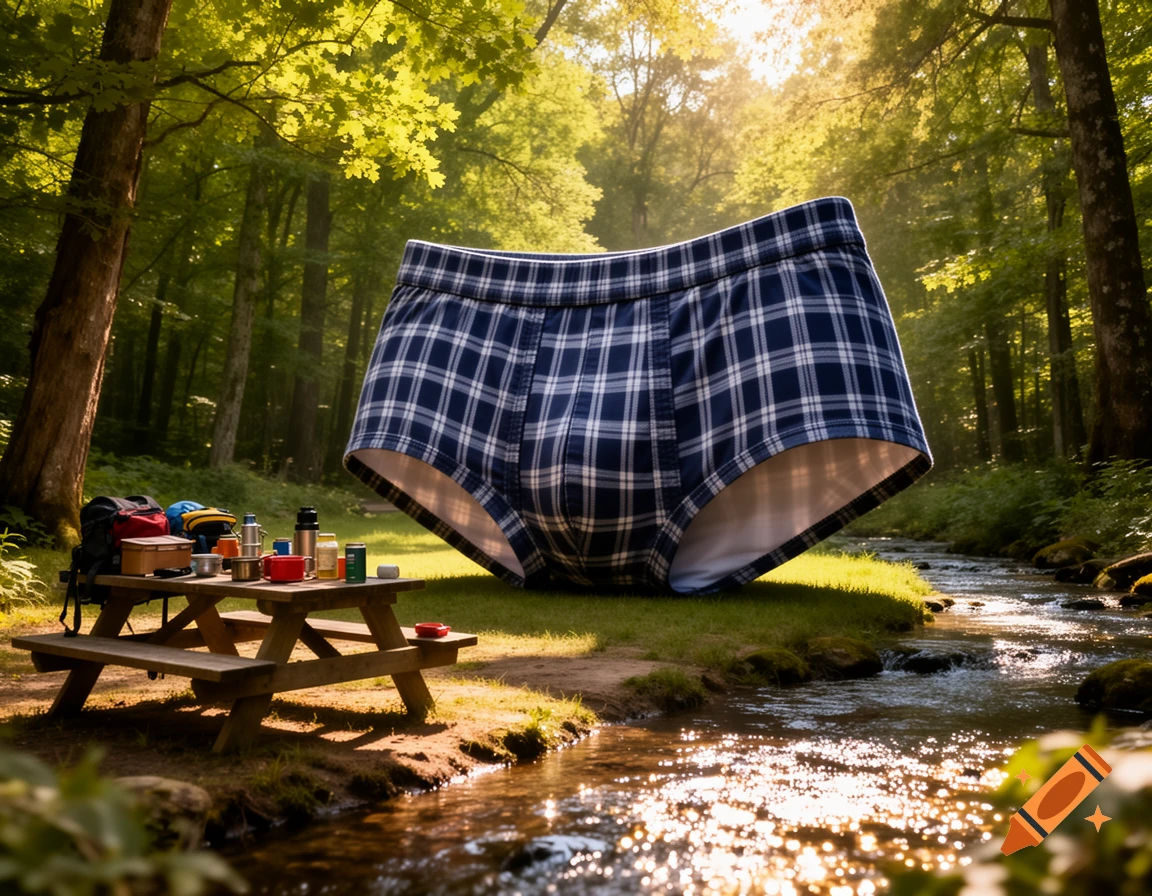 A giant pair of blue and white plaid men's underwear stands on a grassy bank next to a stream in a sunlit forest, with a picnic table and camping gear nearby.