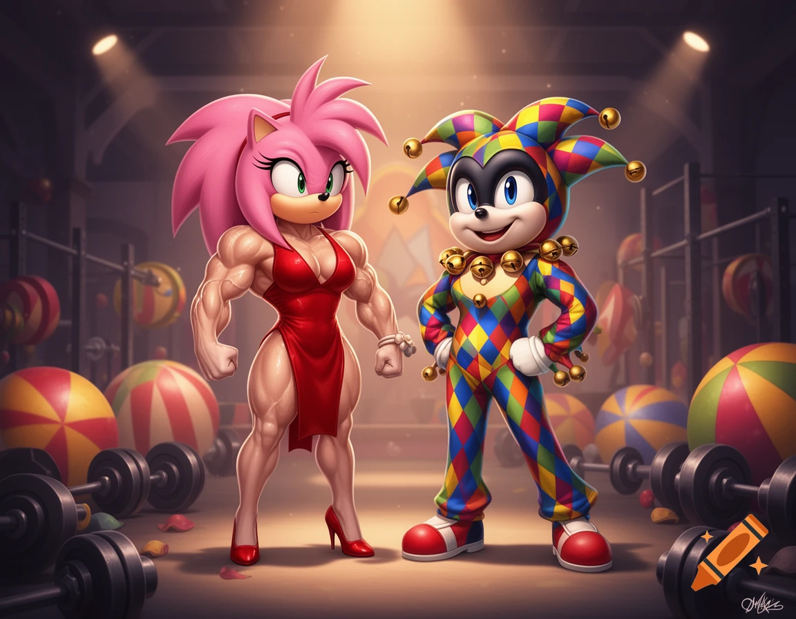 Muscular Amy Rose in a red dress stands with a jester-costumed Sonic-style character in a gym setting.