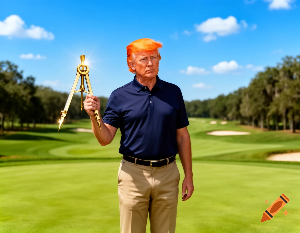 Donald Trump with bright orange hair on a golf course, holding a shining golden drawing compass.