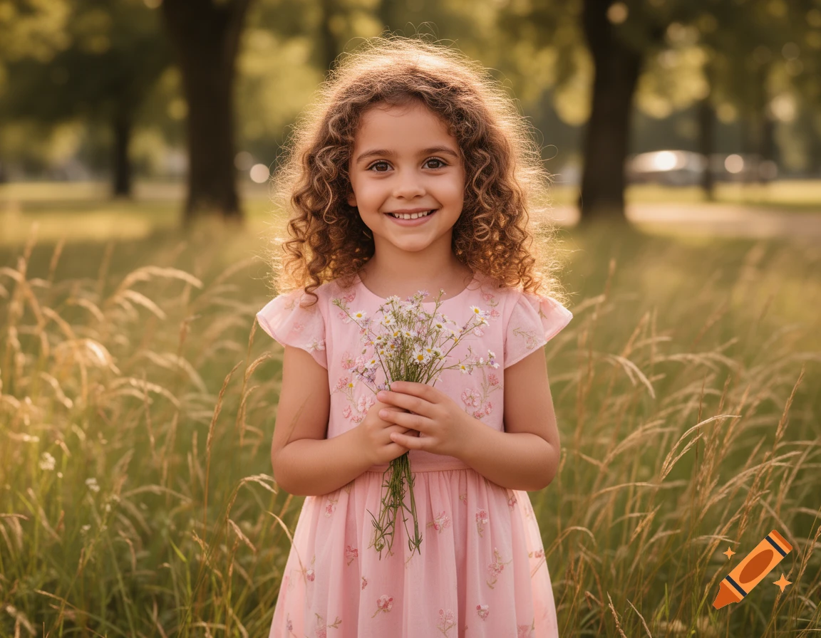 A smiling young girl with curly hair holds wildflowers in a sunlit grassy park, photorealistic.