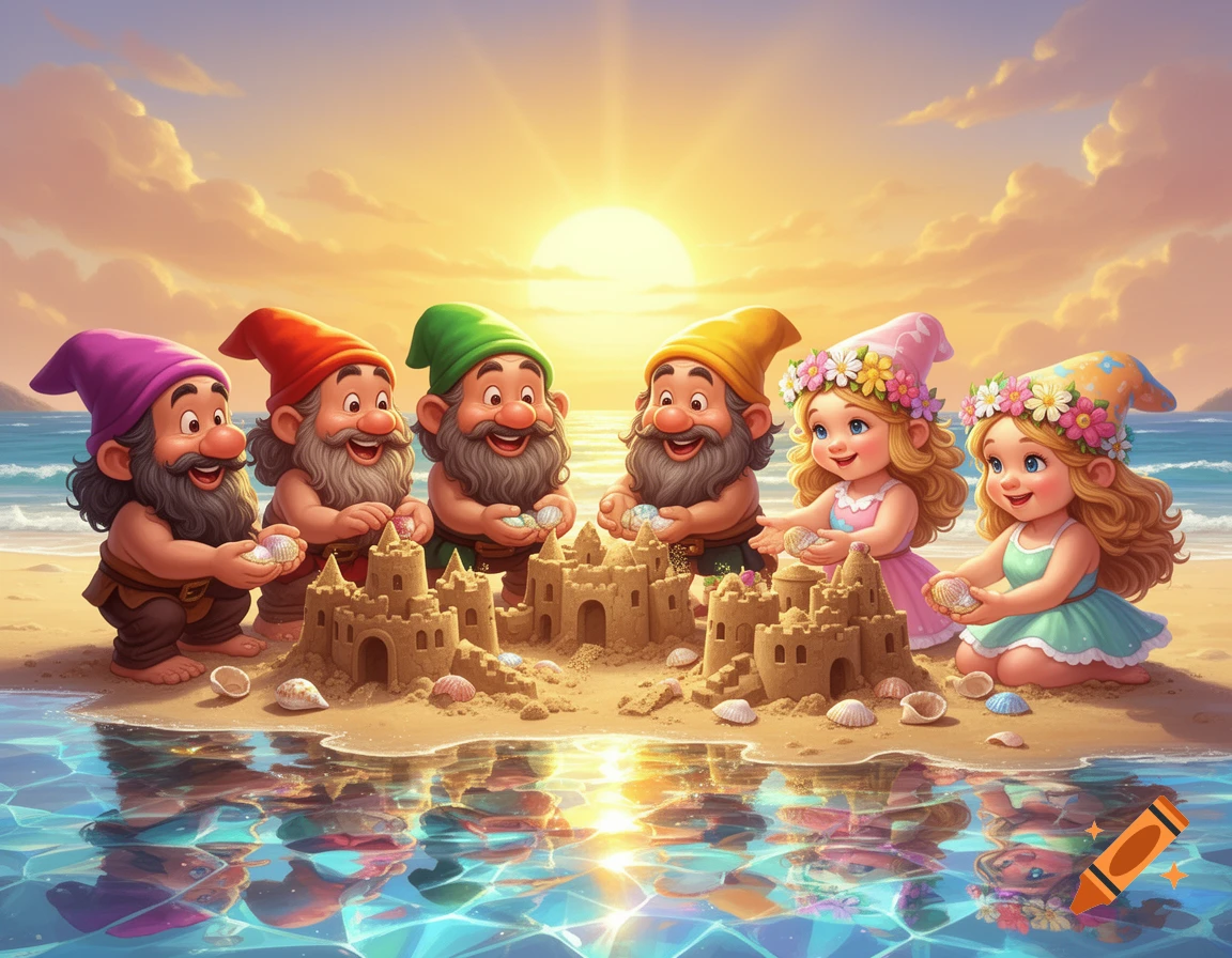 Cartoon gnomes and dwarves build sandcastles on a sunny beach at sunset, holding seashells.