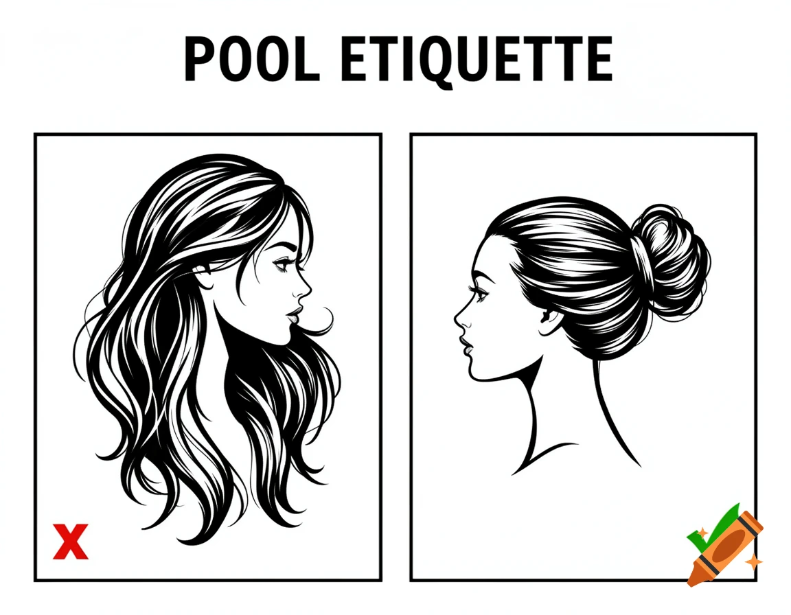 Black and white graphic illustrating pool etiquette with two female profiles: one with long loose hair and a red X, the other with hair tied in a bun and a green checkmark.