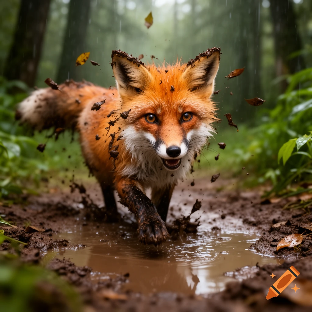 A vibrant red fox, covered in mud and dirt, splashes through a muddy puddle in a lush green forest during rainfall.