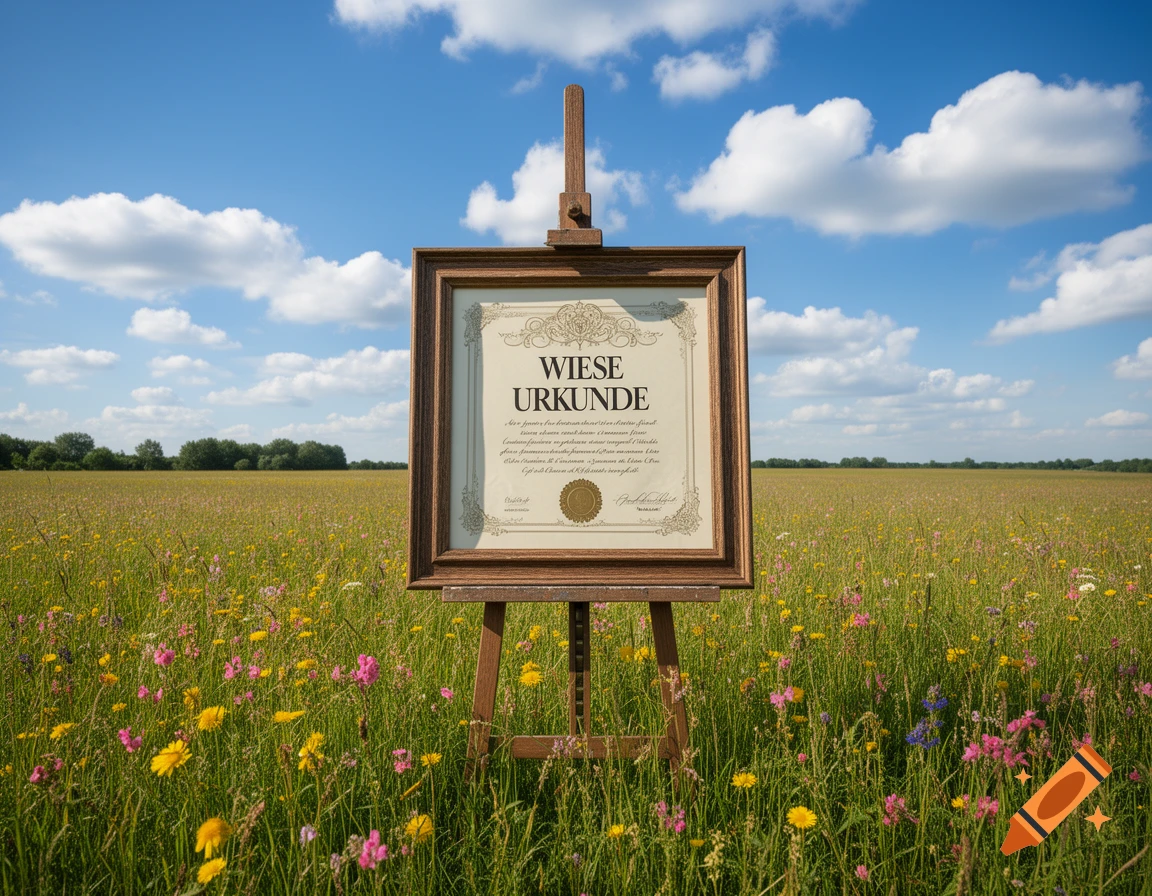 A framed certificate on an easel stands in a vibrant green meadow filled with yellow and pink wildflowers under a clear blue sky.