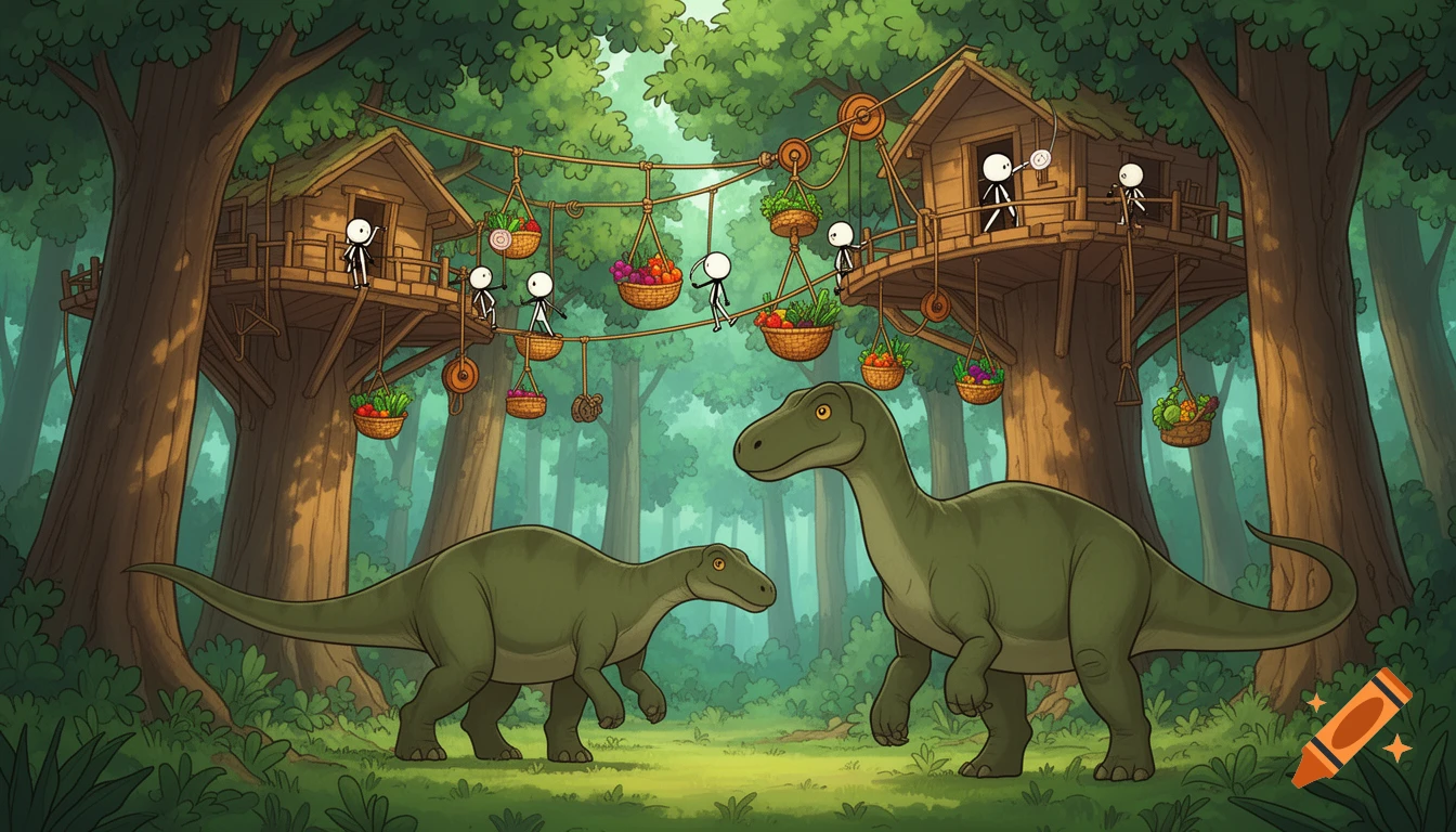 Simple 2D animation of stickmen lifting food to treehouses with pulleys, as green herbivorous dinosaurs roam below in a forest.