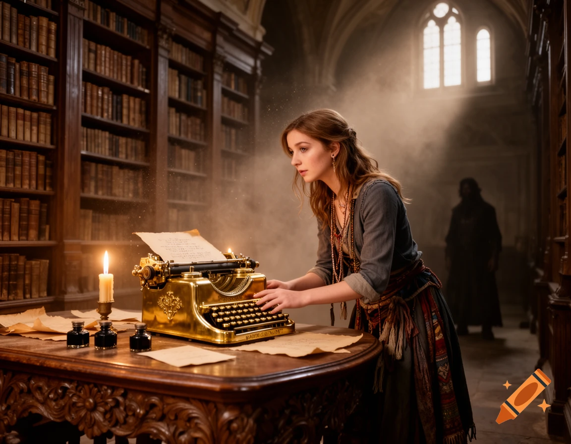 A young woman types on a golden antique typewriter in a dusty, dimly lit library, with a candle on the ornate wooden desk and a shadowy figure in the background.