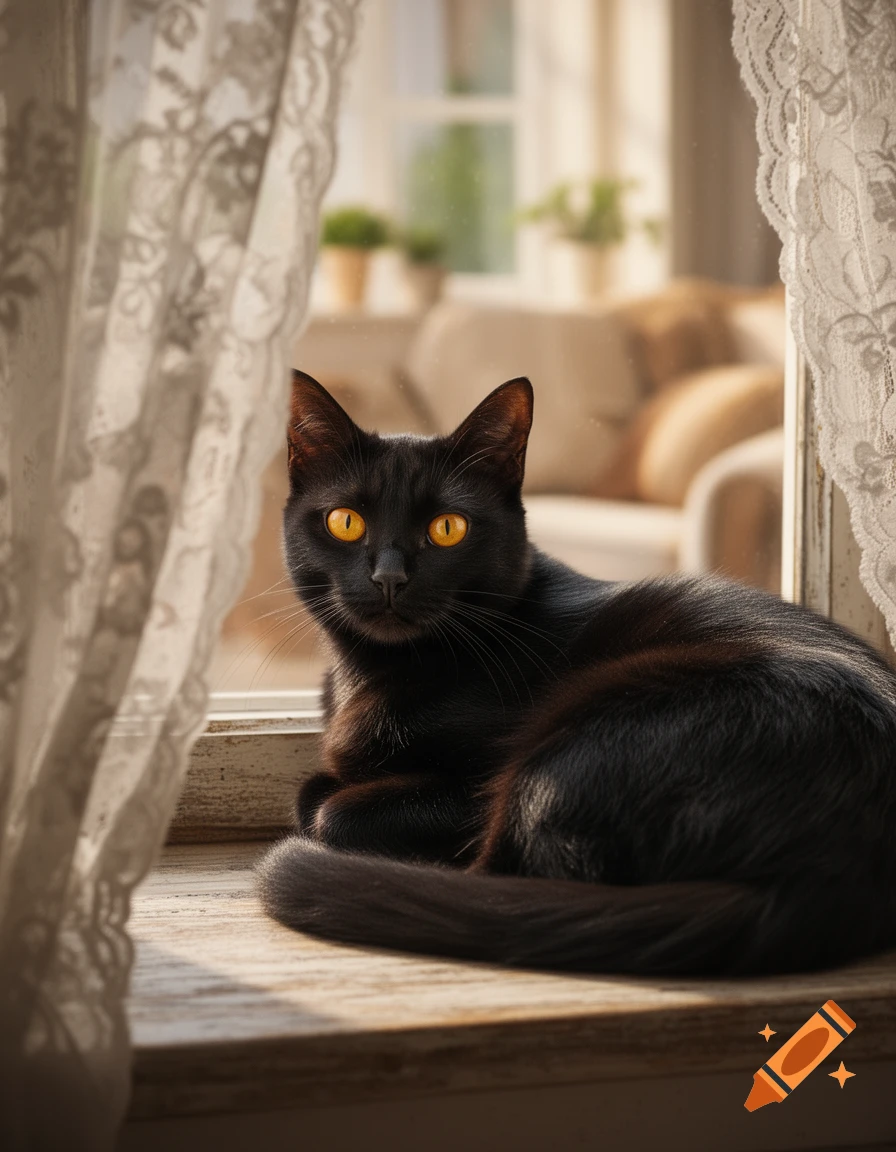 A sleek black cat with bright yellow eyes sits on a sunlit windowsill, framed by lace curtains, looking forward.