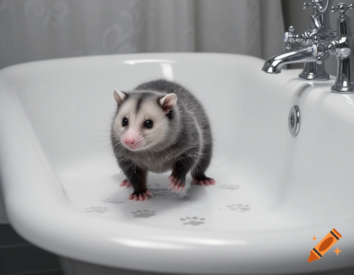 A cute, fluffy possum stands in a white bathtub with paw prints, looking curious at the viewer.