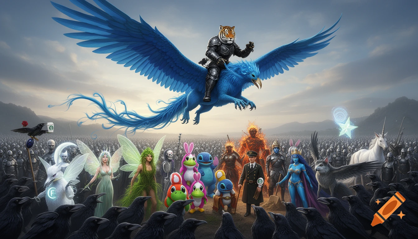 A tiger in armor rides a giant blue phoenix over an army of crows, accompanied by various fantasy and pop culture characters like fairies, a unicorn, and animated creatures, in an epic cinematic style.