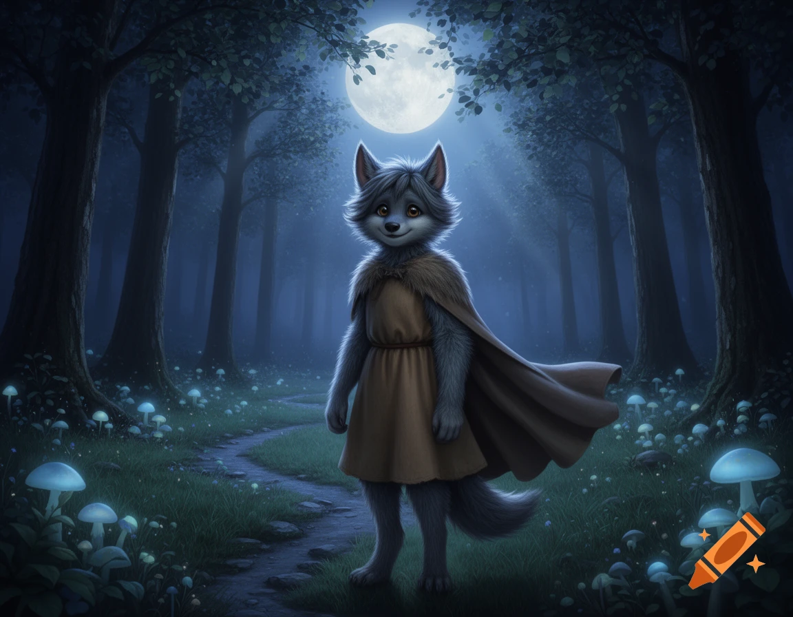 A cute, fluffy werewolf in a simple dress and cape stands on a path in a moonlit fantasy forest with glowing blue mushrooms.