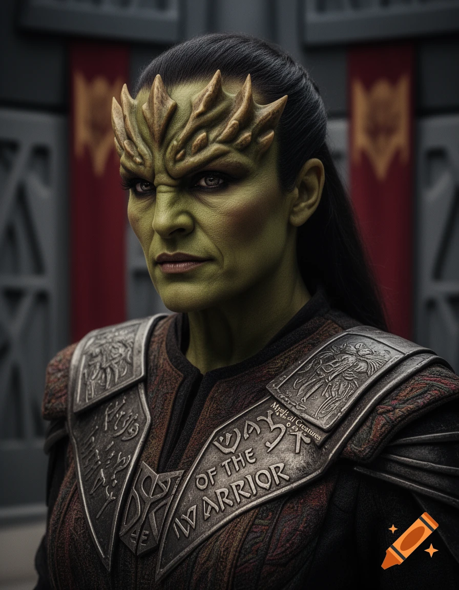 Photorealistic portrait of a green-skinned Klingon female warrior with prominent cranial ridges and dark hair, wearing detailed armor with "WAY OF THE WARRIOR" inscribed on it.