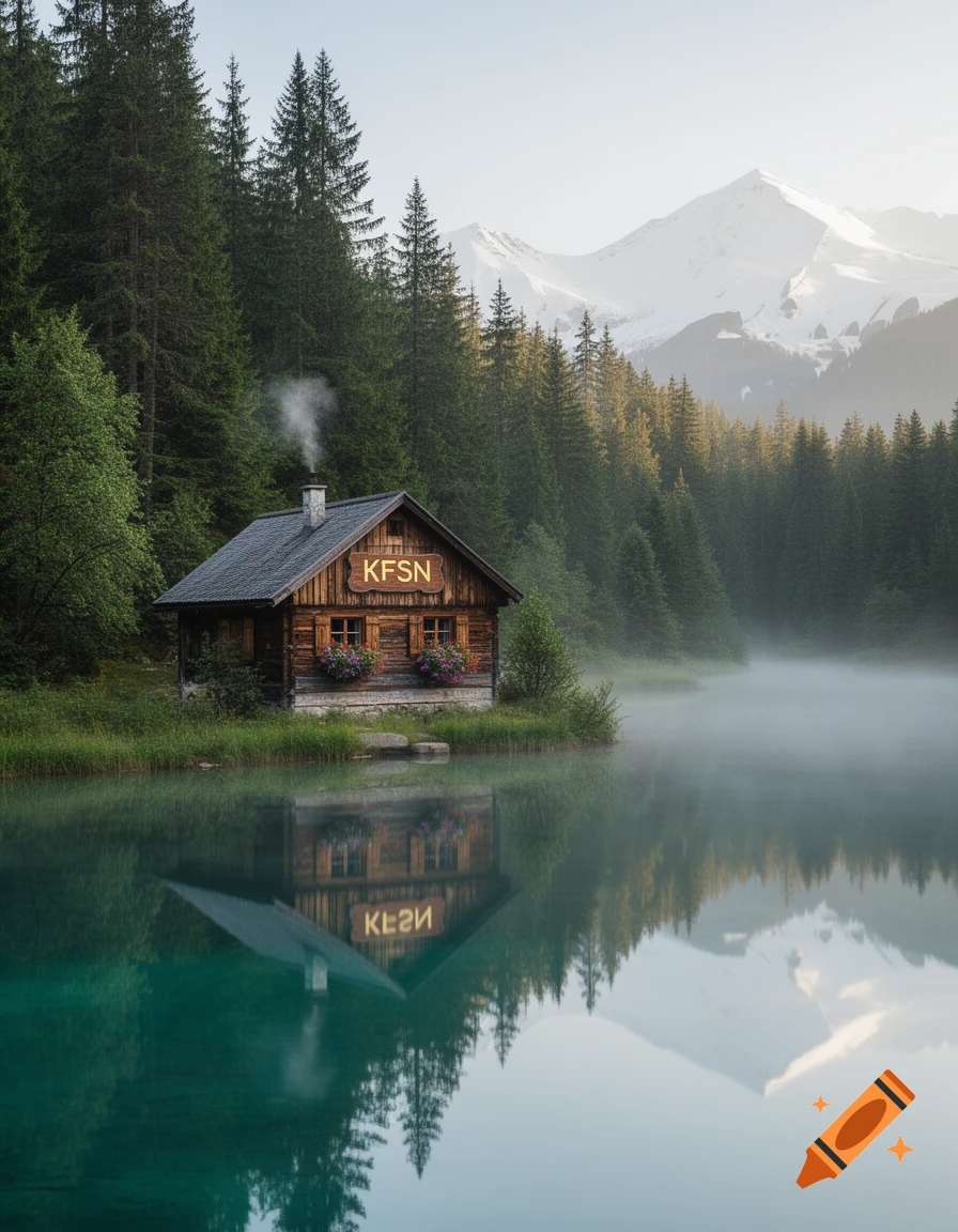 A picturesque wooden cabin with a smoking chimney by a calm, misty lake, surrounded by a dense pine forest and snow-capped mountains.