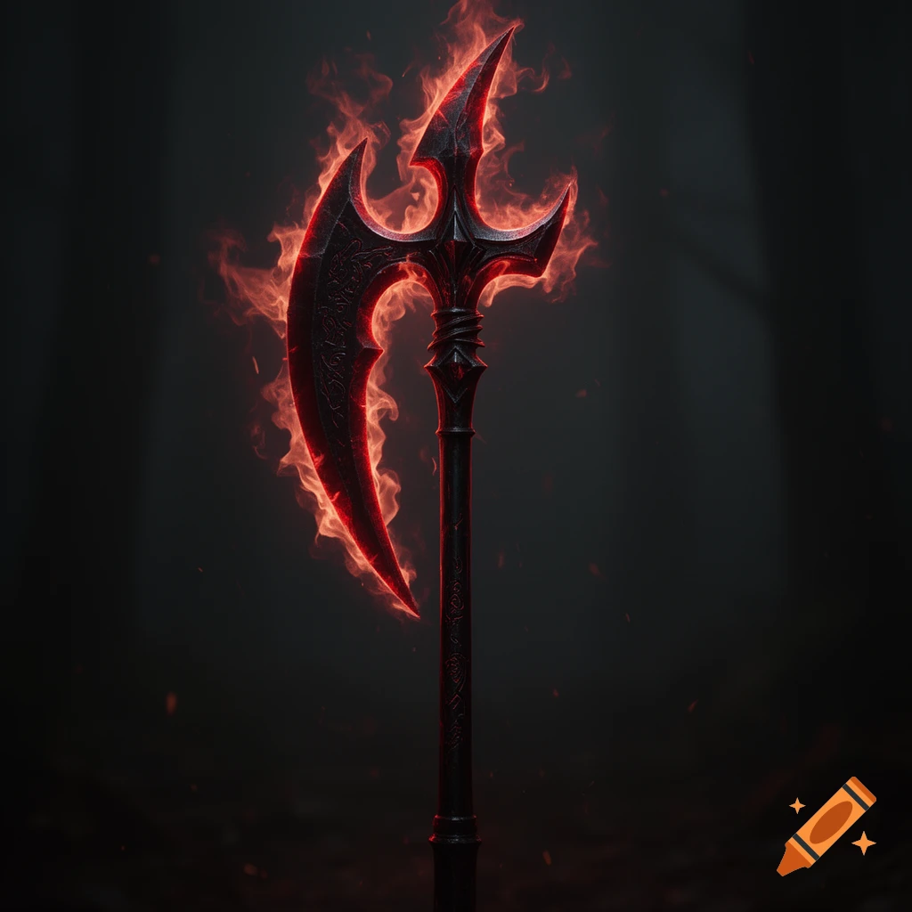 A blackish-red halberd glows with dark red flames against a smoky dark background.