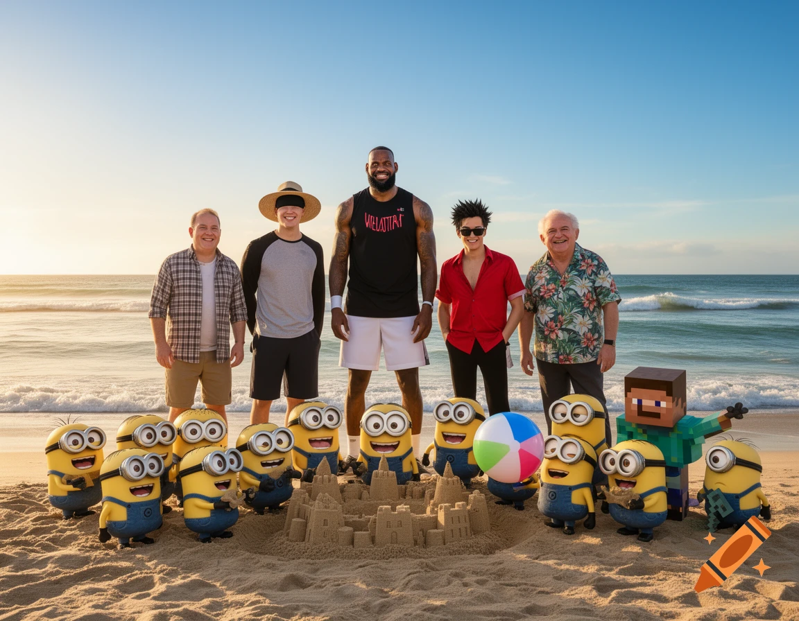 LeBron James, several other men, Minecraft Steve, and many Minions pose on a sunny beach next to a sandcastle.