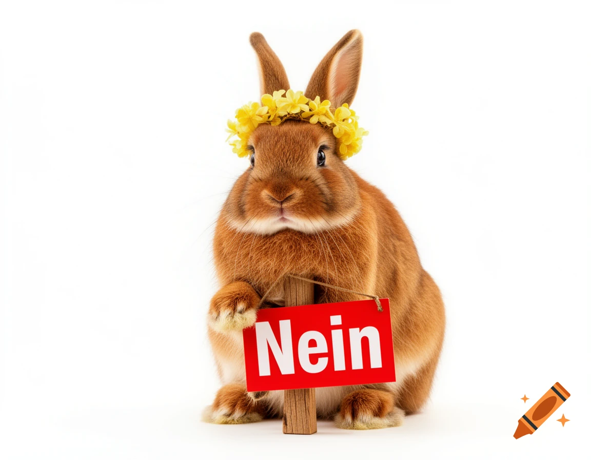 A fluffy brown rabbit wearing a yellow flower crown holds a red sign with the word 'Nein' in white letters, on a white background.