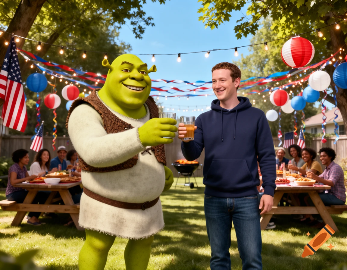 Photorealistic image of Shrek and Mark Zuckerberg toasting with drinks at a Fourth of July backyard party with decorations.