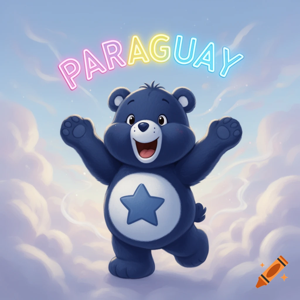 A navy blue cartoon bear with a star on its belly stands on clouds with arms raised, 'PARAGUAY' in colorful neon text.
