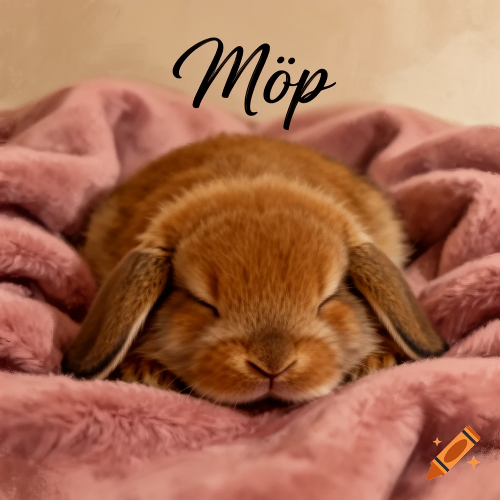 A cute brown lop-eared baby bunny sleeps soundly on a pink fluffy blanket with the word 'Möp' above it.