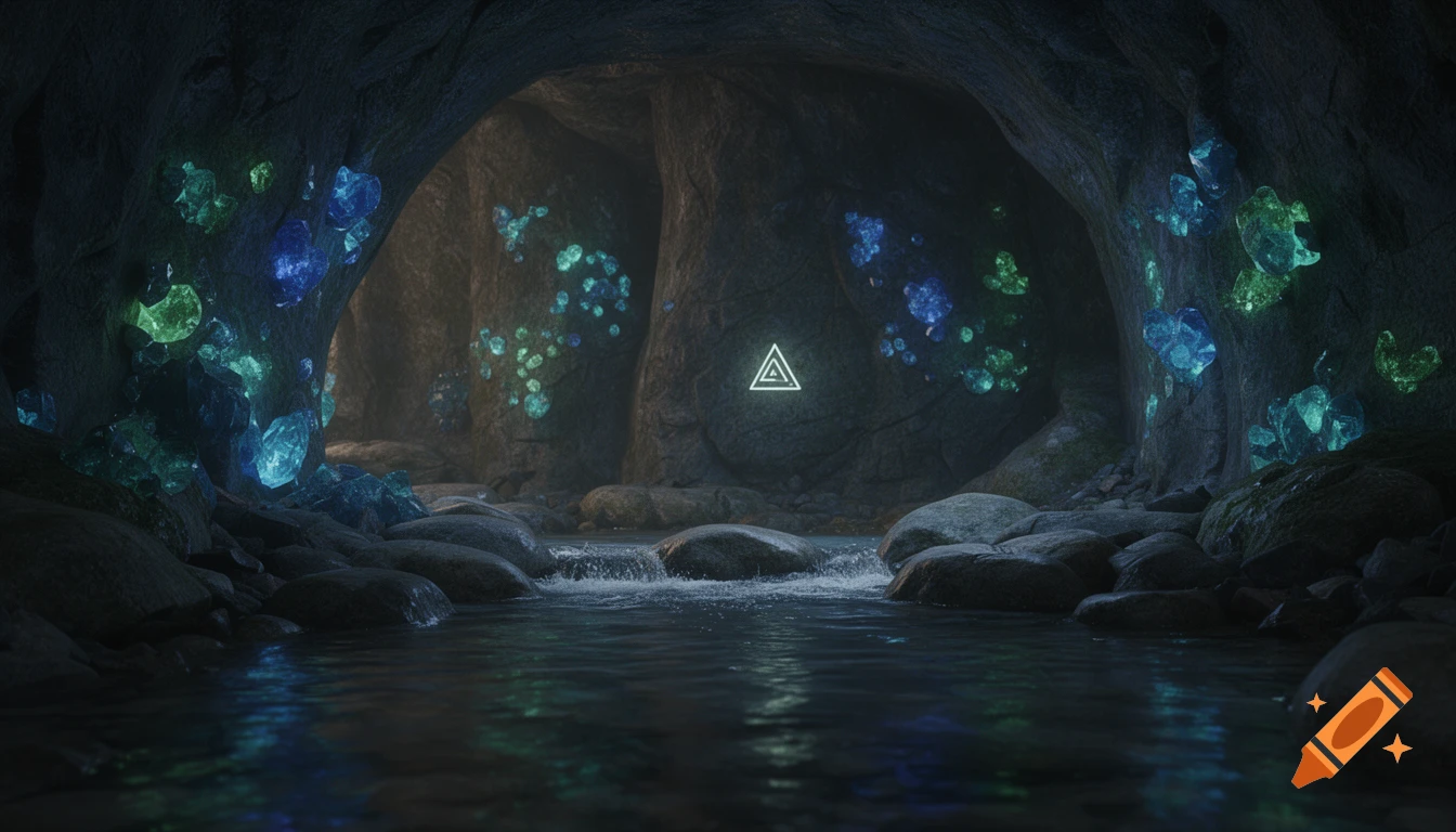 A serene, realistic cave with a gentle water feature, glowing blue and green crystals on dark rock walls, and a subtle glowing triangle glyph.