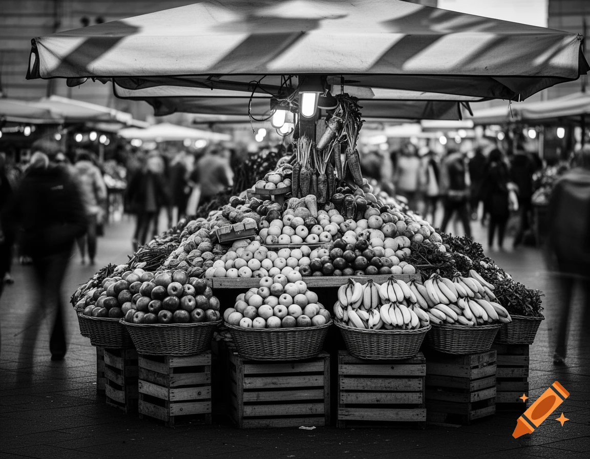 Black and white photo of a market stand piled high with fruits and vegetables, with blurred shoppers in the background.