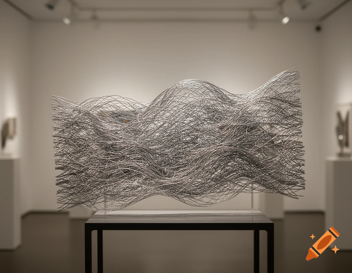 A silver abstract sculpture of interwoven wavy lines, displayed on a black table in an art gallery.
