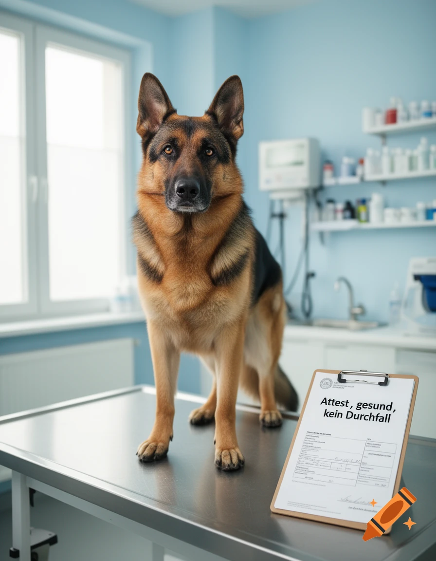 A photorealistic image of a German Shepherd dog standing on an examination table in a veterinarian's office, with a clipboard next to it.