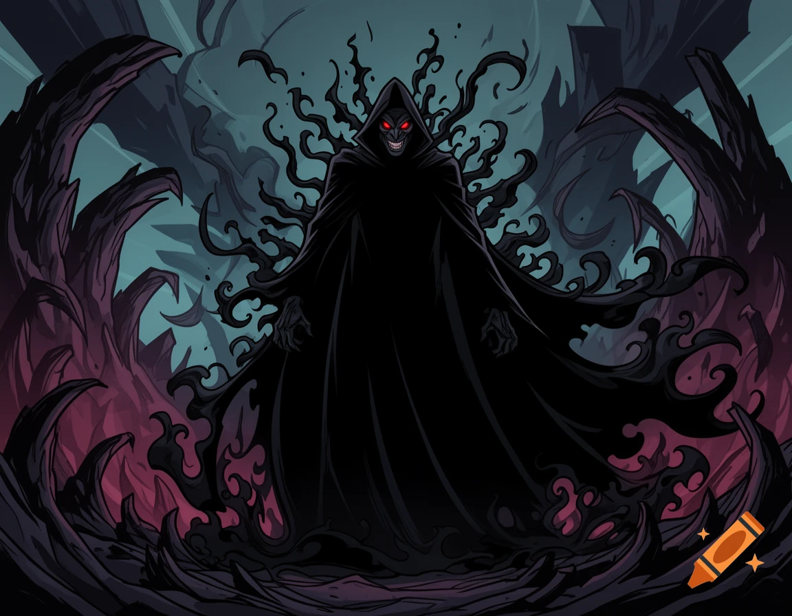 Cartoon illustration of a menacing, hooded dark figure with red eyes and a sinister grin, amidst swirling black tendrils.
