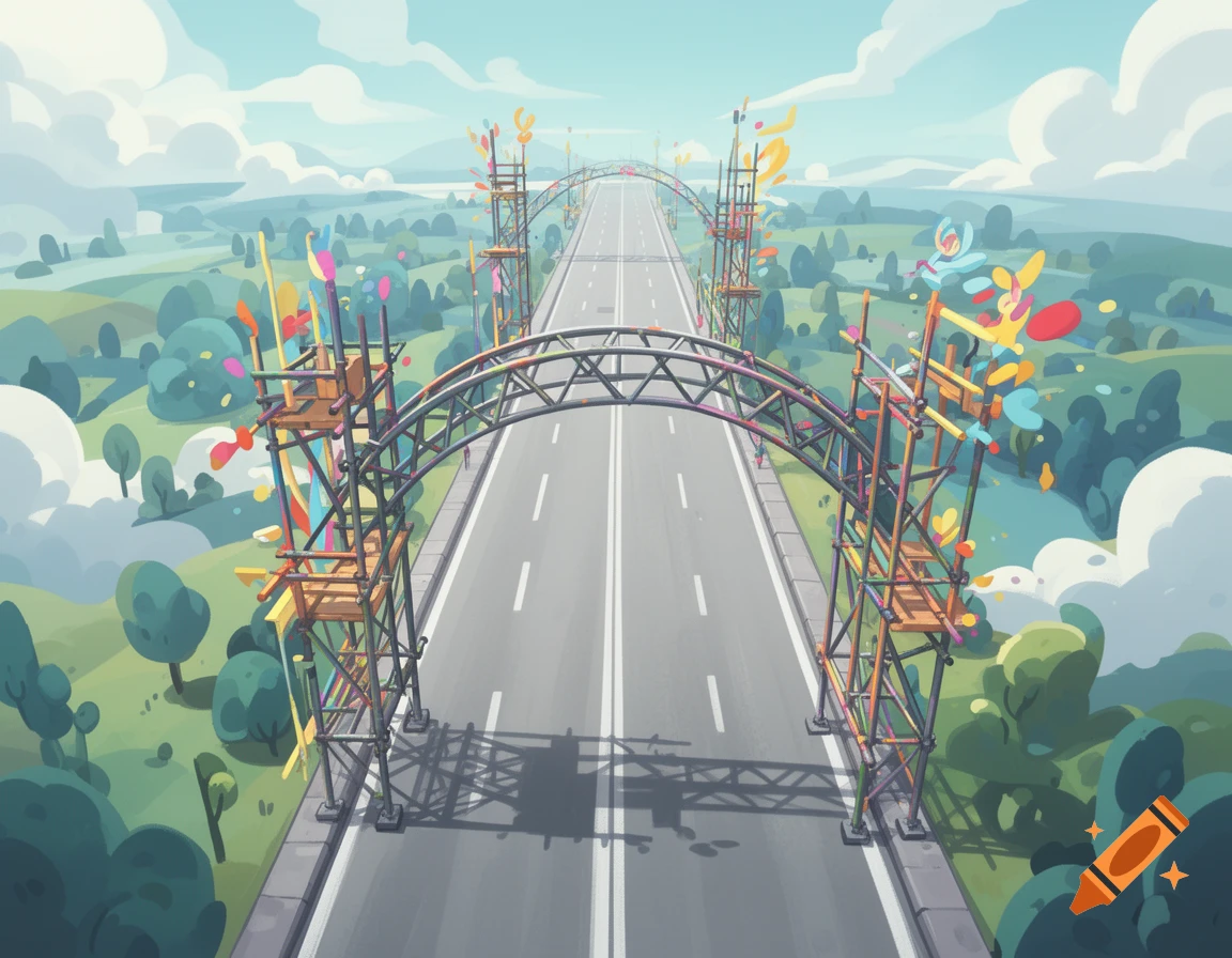 Cartoon birds-eye view of a grey road stretching through a green, hilly landscape with colorful scaffold-like arches.