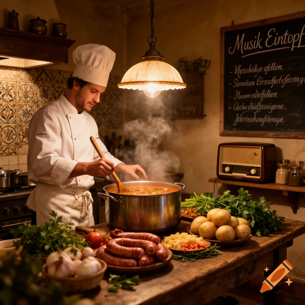 A male chef in a white uniform stirs a large pot of food steaming on a stove in a rustic kitchen. Raw ingredients like sausages, potatoes, and vegetables are on a wooden table.