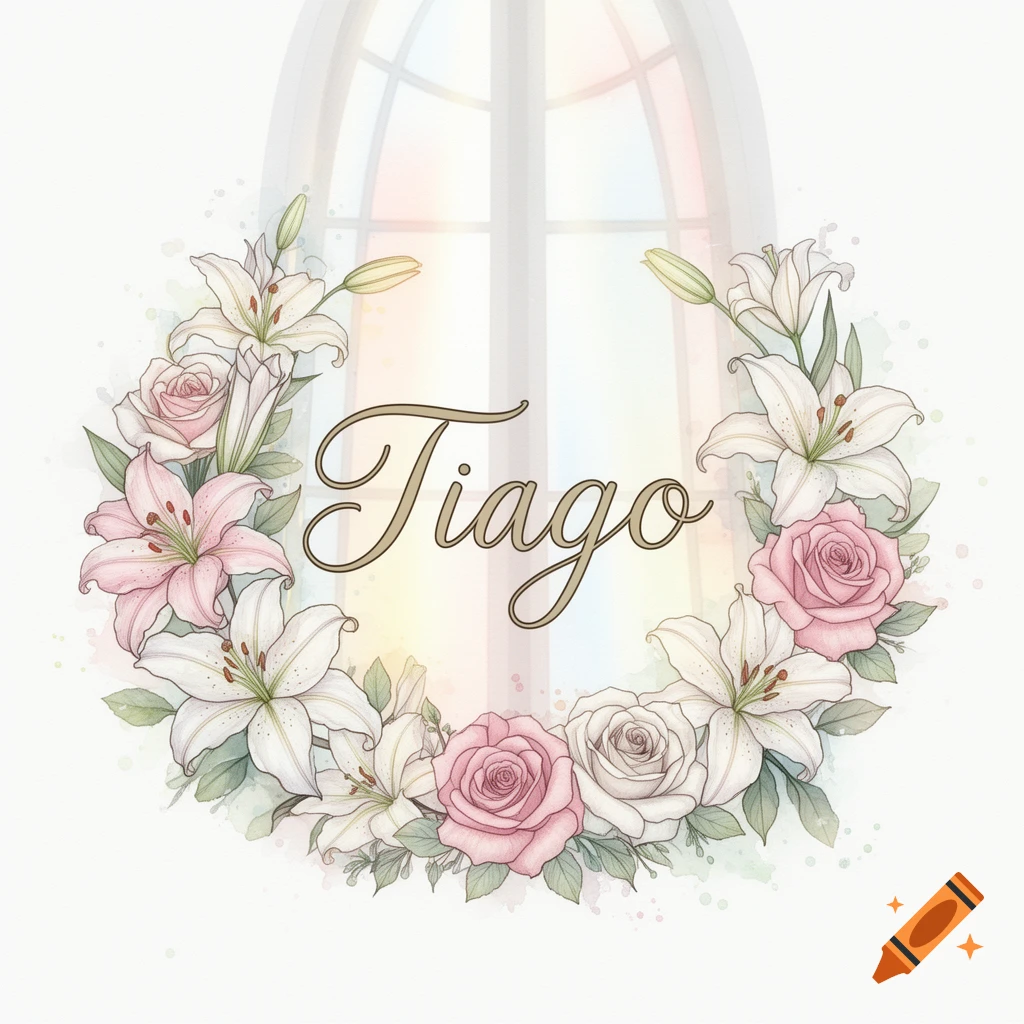 Watercolor illustration of a floral wreath with pink and white roses and lilies, centered with the name 'Tiago' and a faint window background.