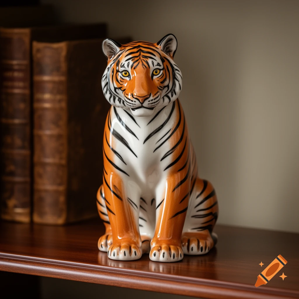 A detailed ceramic tiger figurine with orange, black, and white stripes, sitting on a polished wooden shelf next to old books.