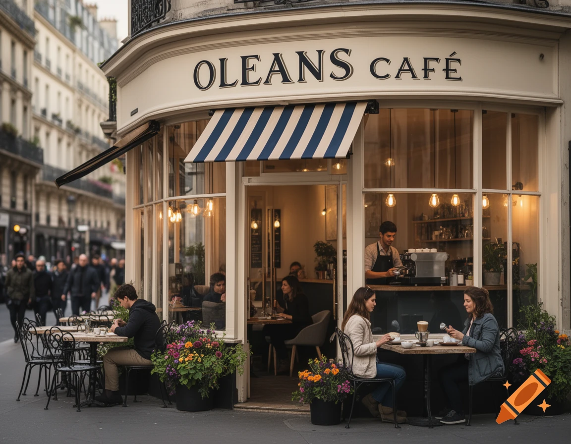 A street view of a bustling cafe in Paris called "OLEANS CAFÉ," with people seated inside and outside on the sidewalk, surrounded by flower pots.