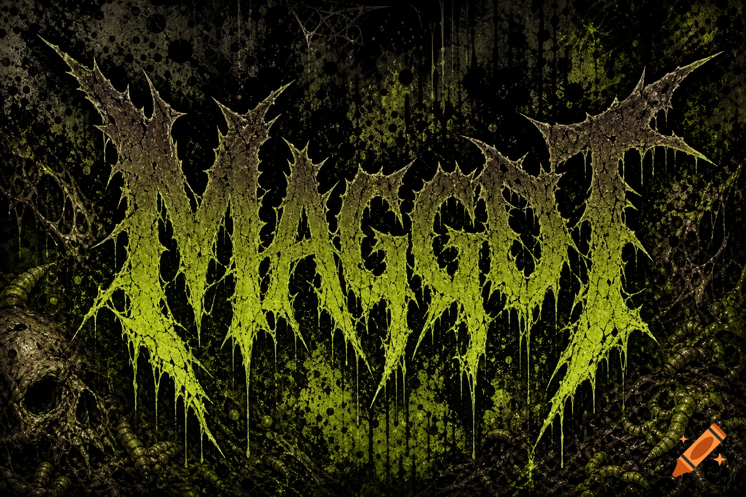 Dark, gritty death metal logo with the word 'MAGGOT' in jagged, slimy green text, featuring organic textures and a skull.