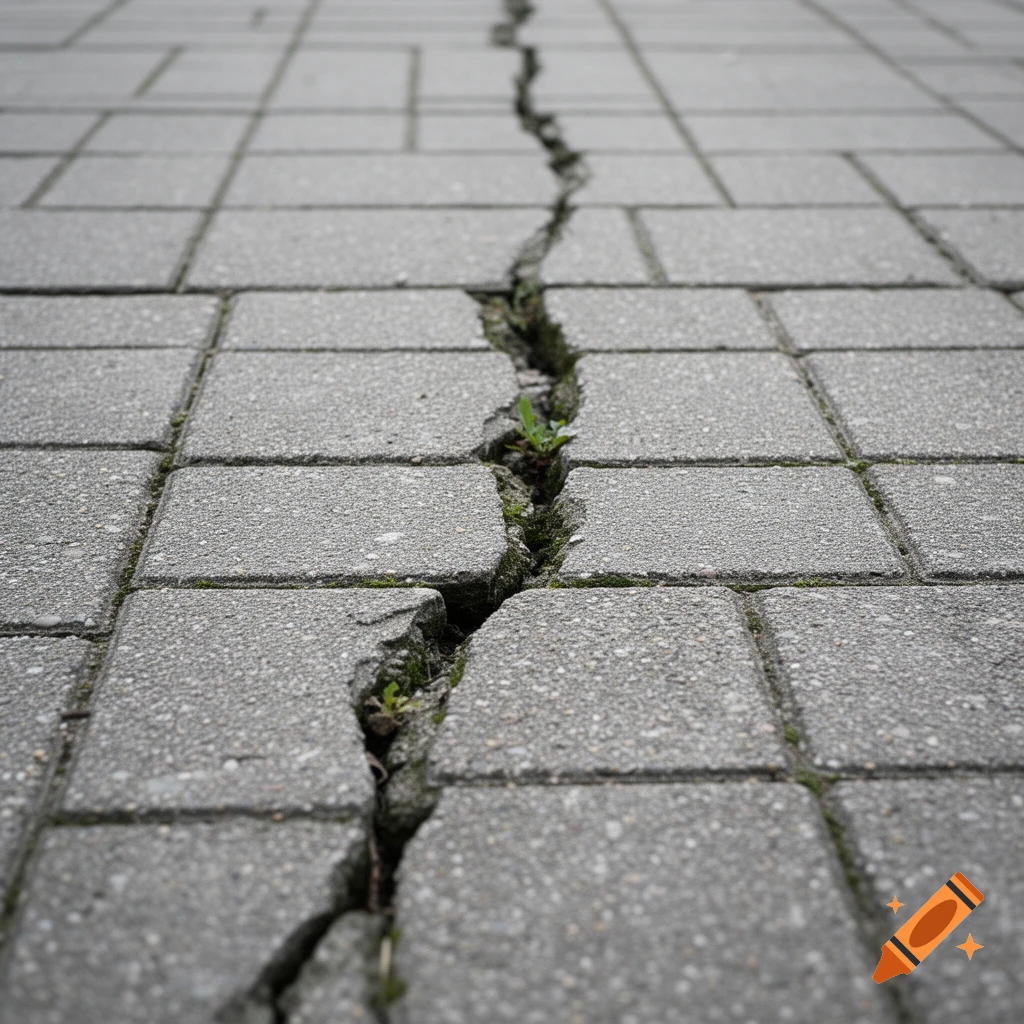 A long, jagged crack runs through a grey paved ground made of square stones, with green weeds growing within the crack.