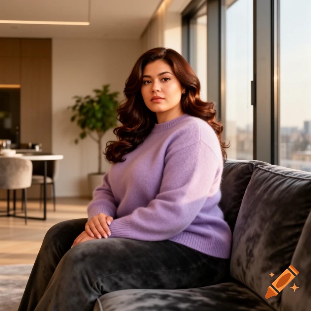 Woman with long wavy hair in a purple sweater and dark pants, sitting on a gray couch in a bright modern apartment overlooking a city.