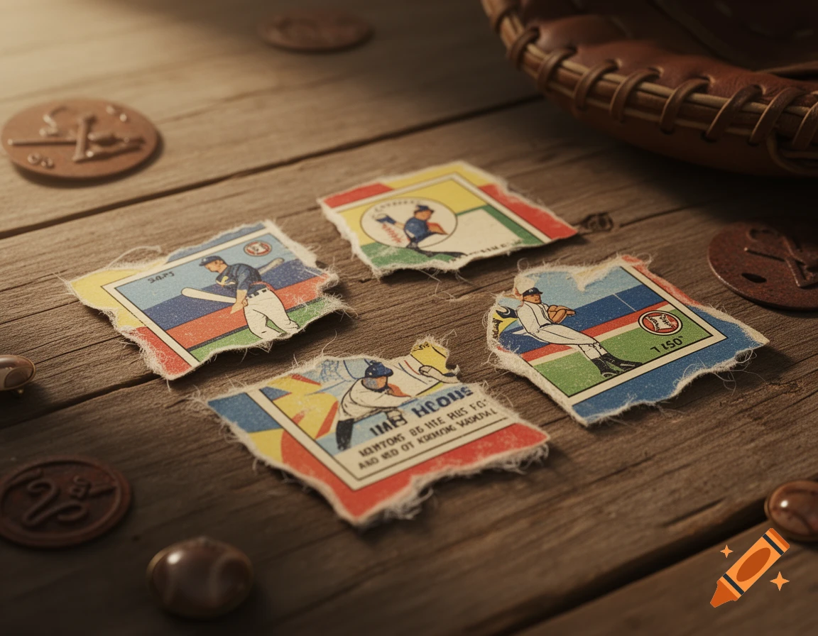 Close-up of four torn vintage-style baseball cards and a leather baseball glove on a rustic wooden table.