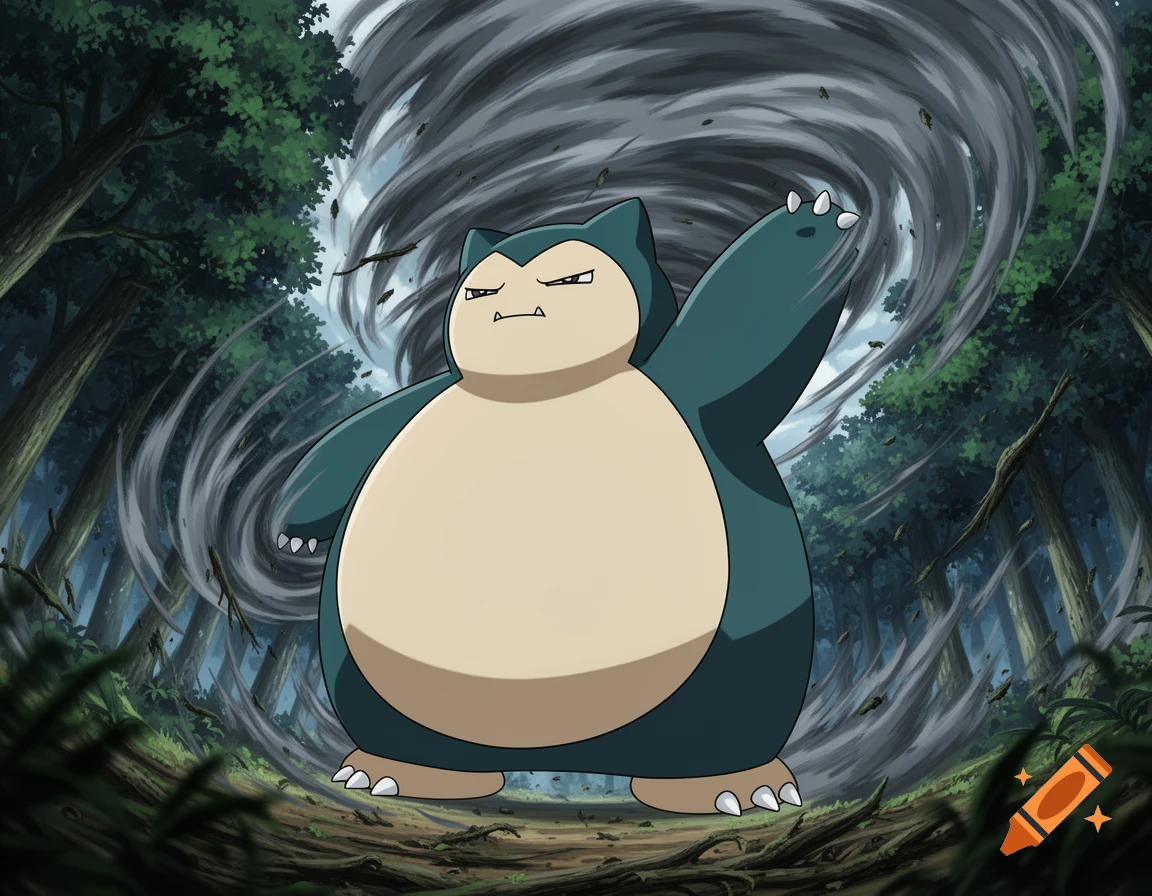 A large Snorlax stands in a dark forest, raising one arm as a powerful gray tornado swirls around it in a cartoon style.