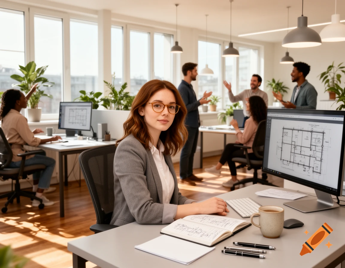 A woman with glasses and brown hair works at a desk in a modern office, looking at the camera. Colleagues are visible in the background.