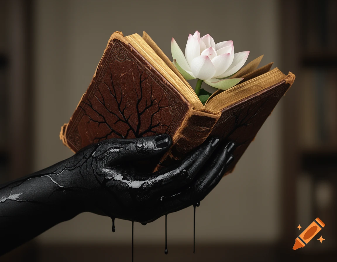 A black hand dripping with ink holds an old brown book from which a white lotus flower grows.