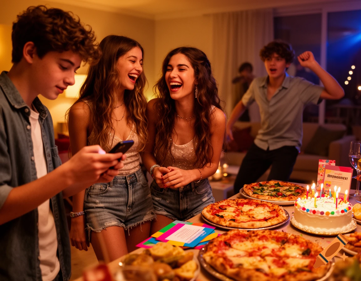 Teenagers laughing and looking at a phone at a lively birthday party with pizza and cake.