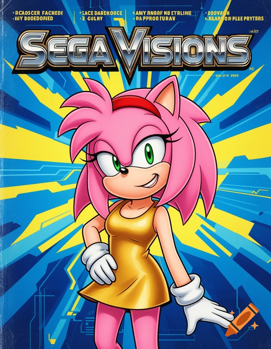 Amy Rose from Sonic the Hedgehog on a magazine cover titled "Sega Visions," smiling in a gold dress and white gloves against a blue and yellow background.