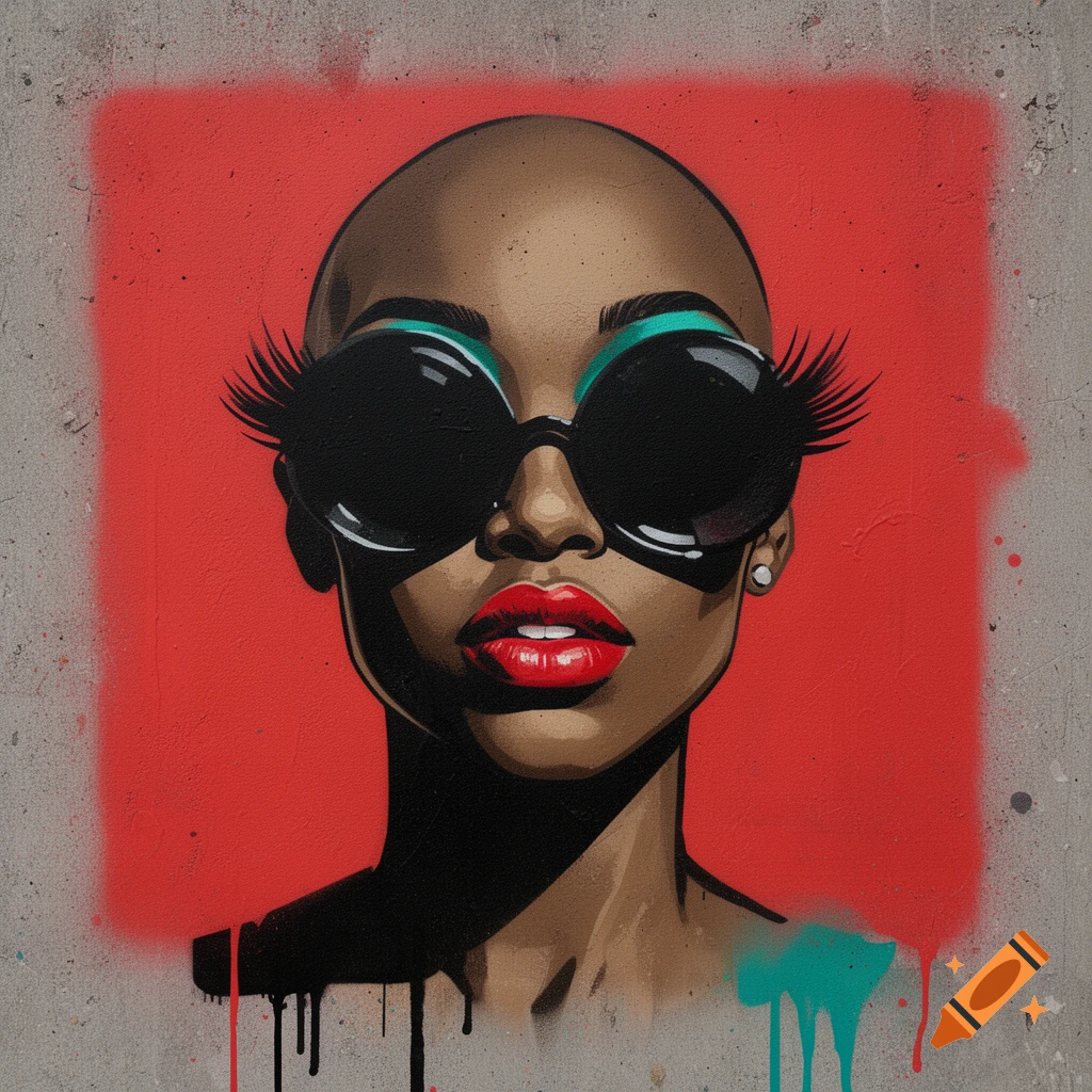 Banksy-style stencil art of a bald Black woman with oversized sunglasses, red lips, and teal eyeshadow on a red background.