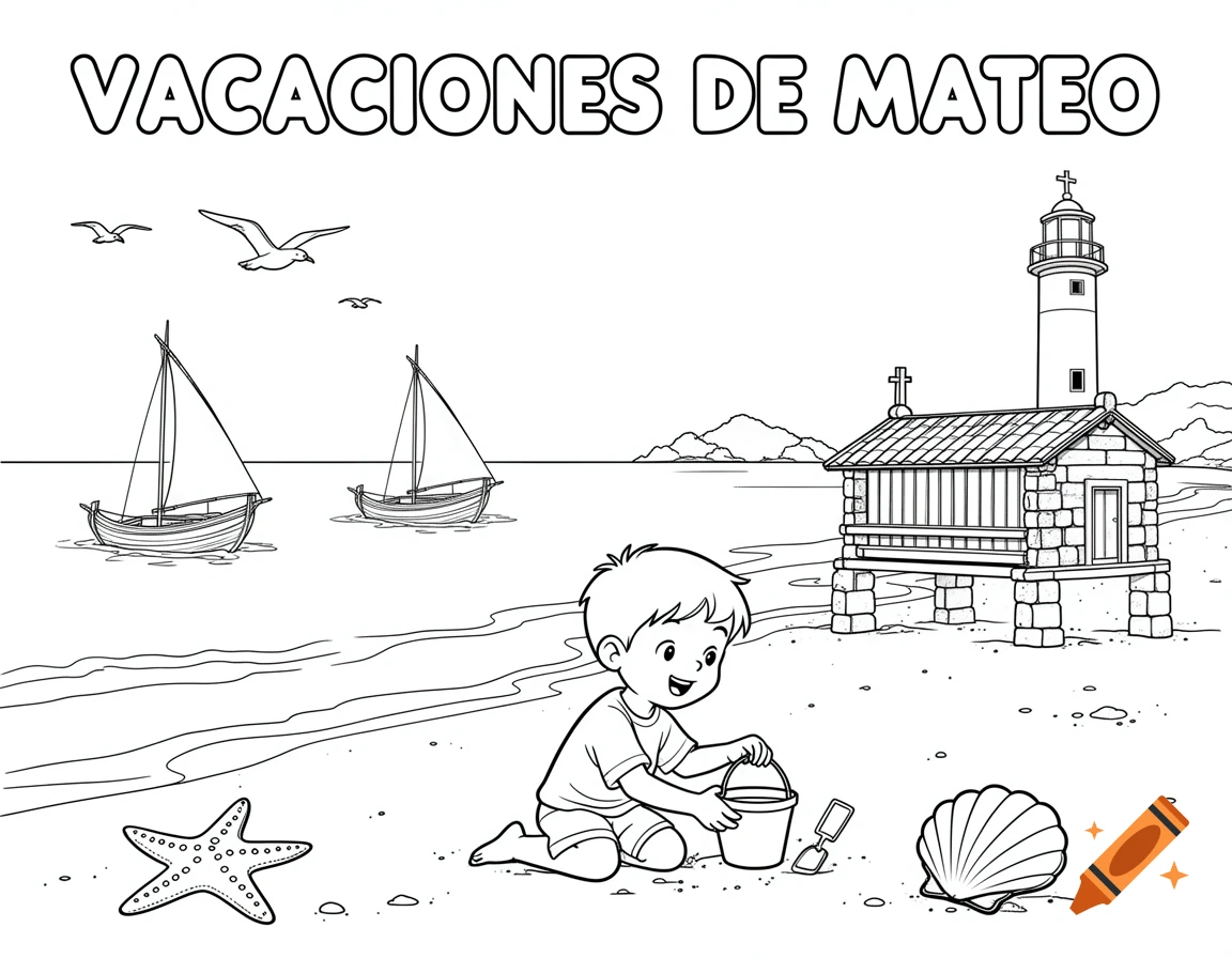 A black and white coloring page illustration shows a boy playing with a bucket and spade on a beach with sailboats, a lighthouse, and a traditional granary. The title "VACACIONES DE MATEO" is at the top.