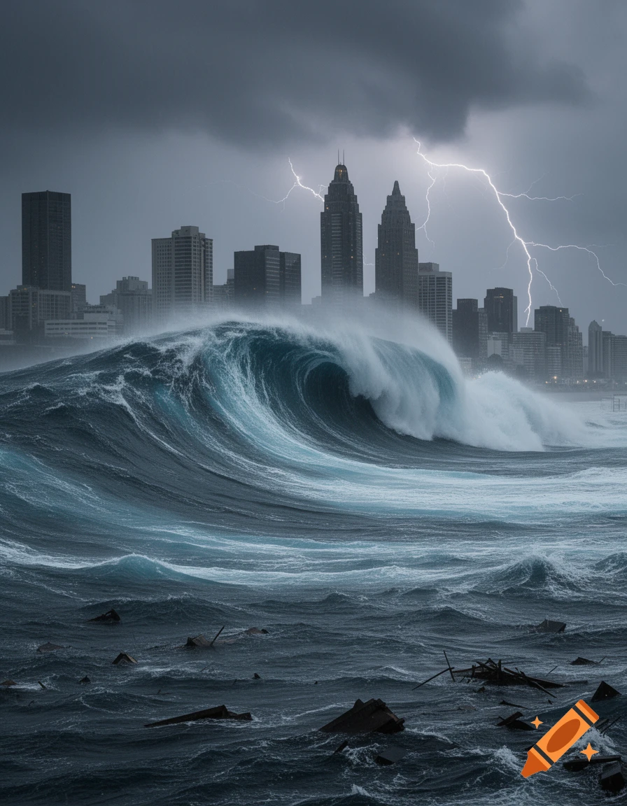 A massive tsunami wave crashes towards a city skyline under a dark, stormy sky with lightning.