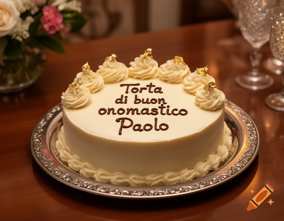 A white frosted cake with "Torta di buon onomastico Paolo" in chocolate lettering, decorated with cream swirls and gold flakes on a silver platter.