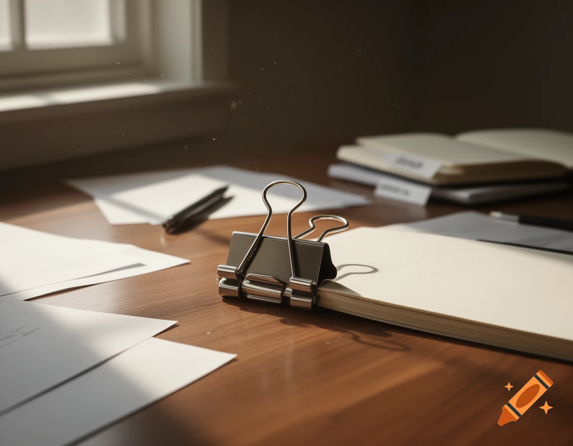 A detailed shot of a metal binder clip on a notebook, surrounded by papers on a wooden desk with soft sunlight.